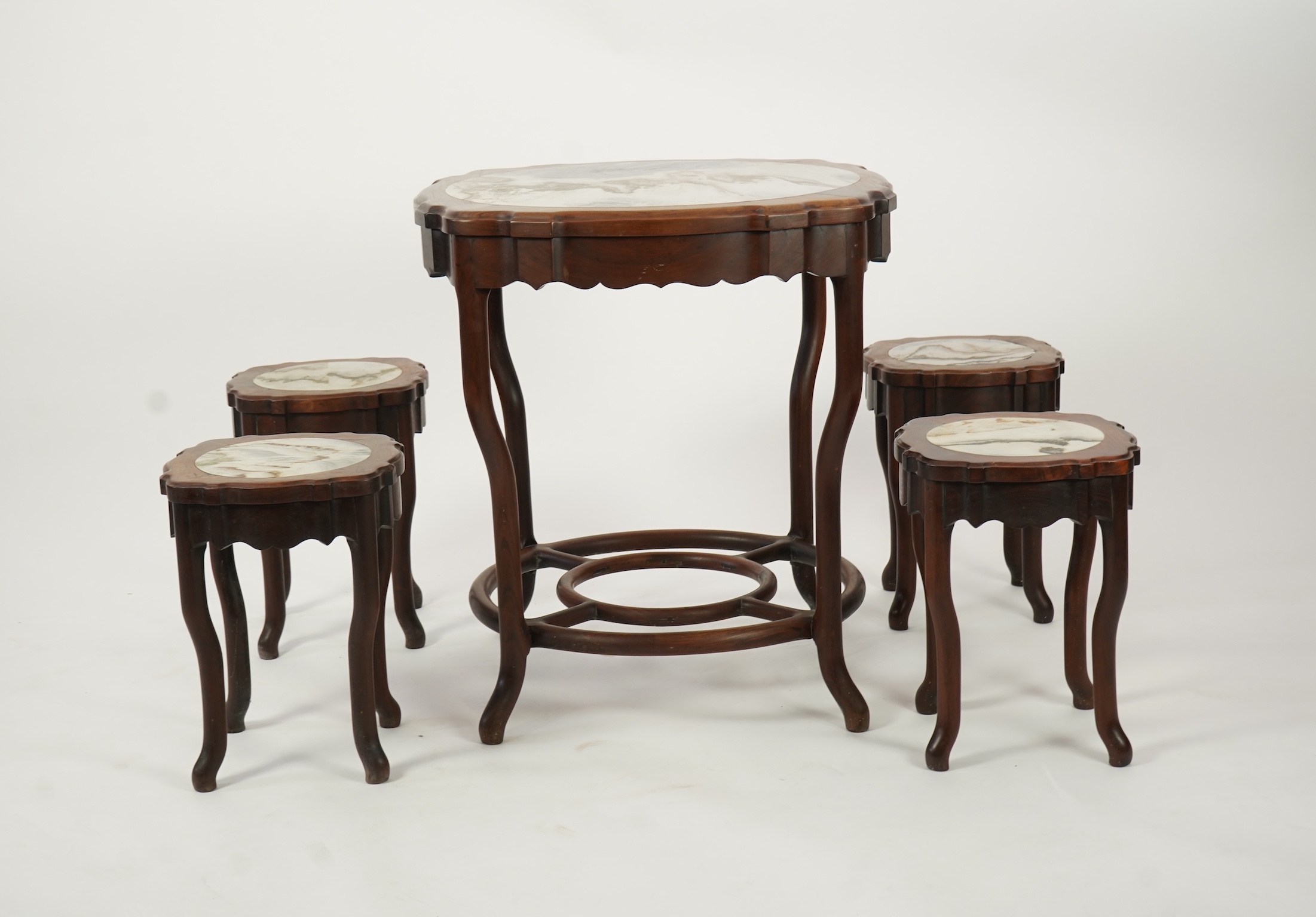 A Chinese dreamstone marble inset hongmu table and four matching stools